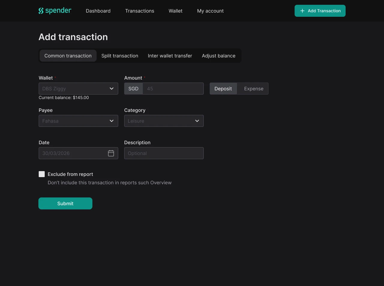 Spender add transaction desktop screen